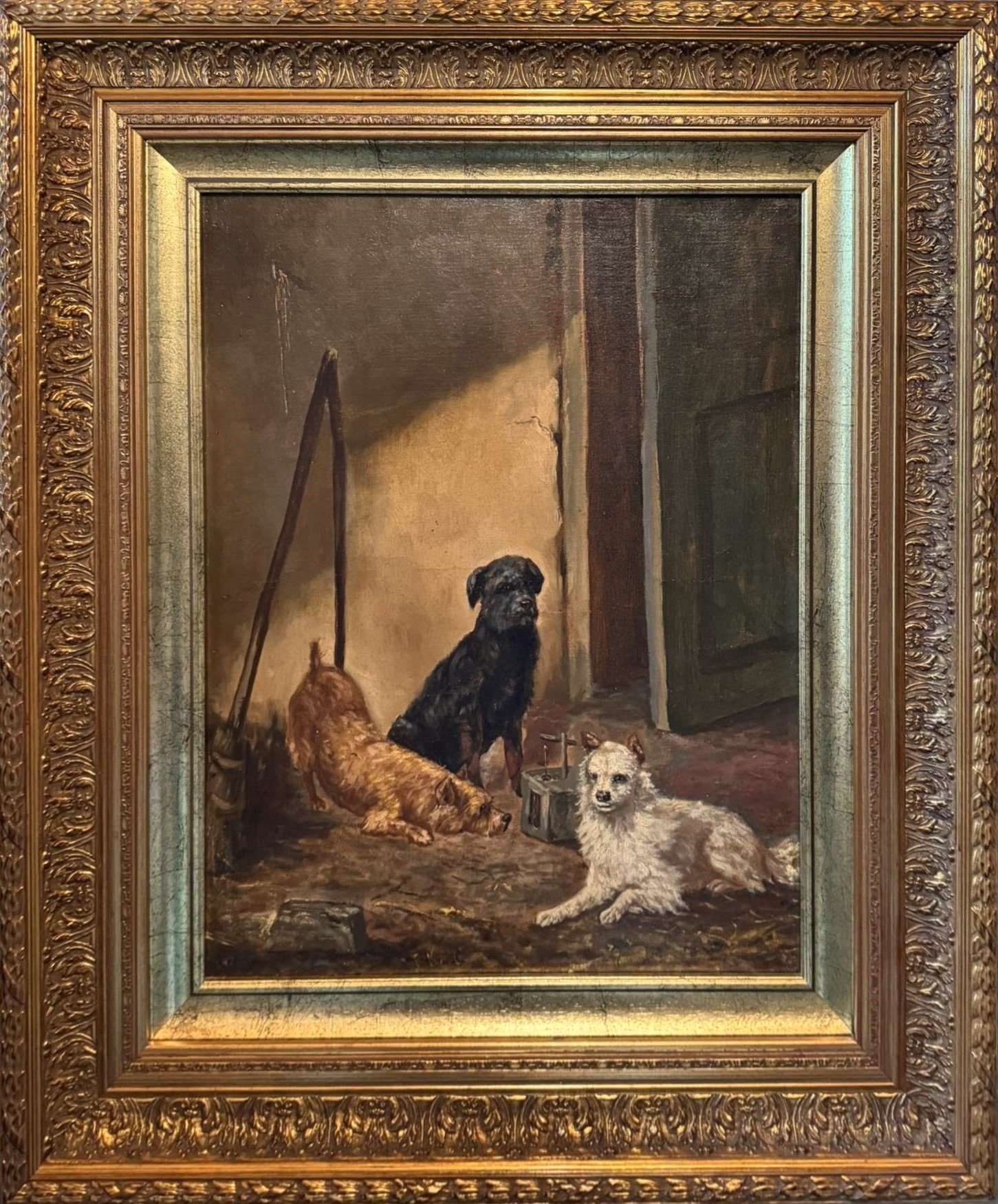 Antique 19th-Century Museum-Quality Dog Painting “The Three Friends”